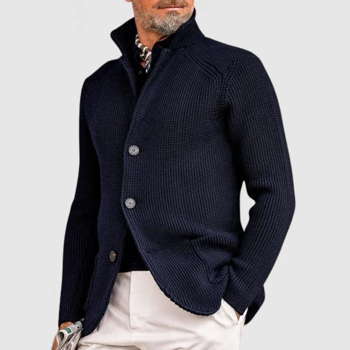 Men's dark blue knitted cardigan jacket with buttons and pockets