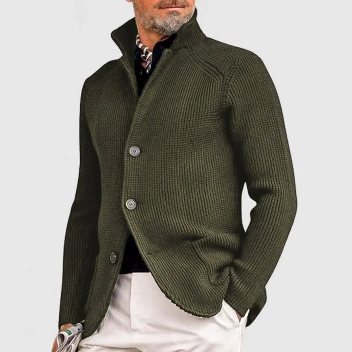 Men's fashion knitted cardigan jacket displayed flat to highlight pocket details