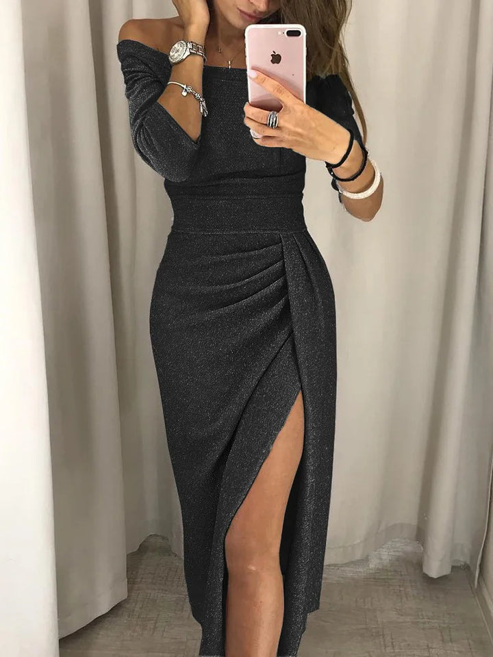 Full length view of a stylish off-the-shoulder evening dress and party gown for women.