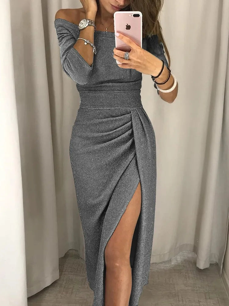 Woman wearing a sleek grey off-the-shoulder party dress