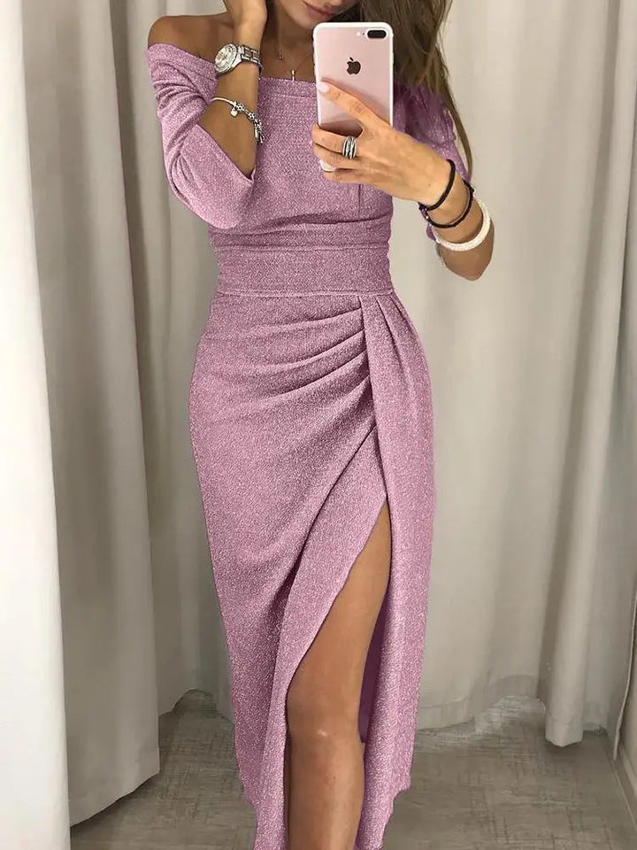Woman wearing an elegant rose pink off-the-shoulder midi dress