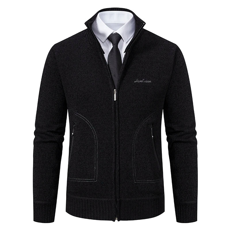 Men's black knitted cardigan jacket with full zip and stand-up collar