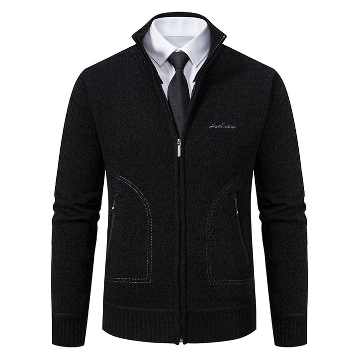 Men's black knitted cardigan jacket with full zip and stand-up collar