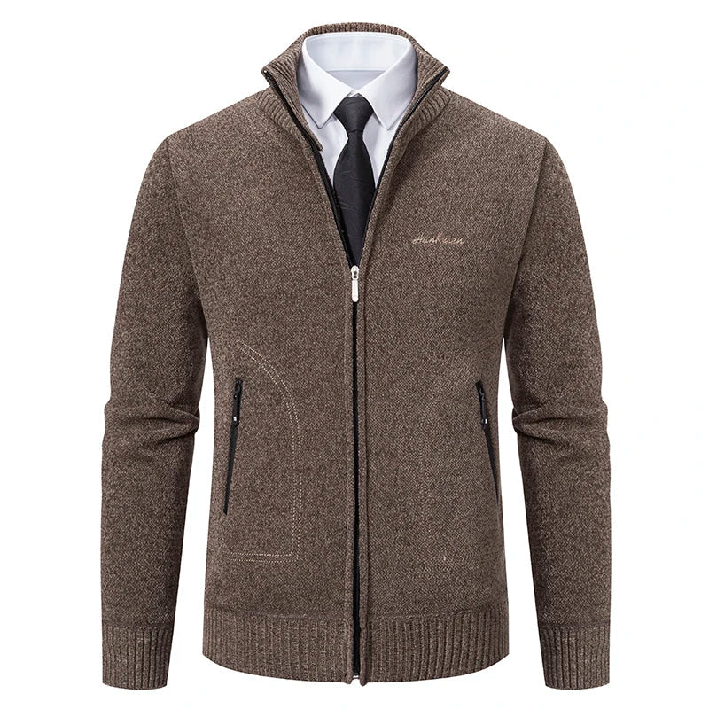 Men's chestnut brown knitted cardigan jacket with zippered pockets