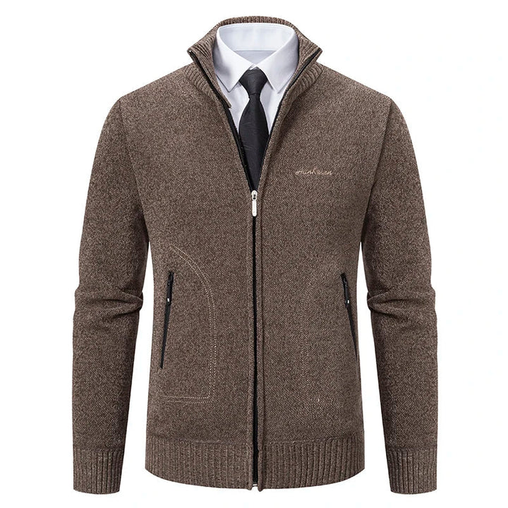Men's chestnut brown knitted cardigan jacket with zippered pockets