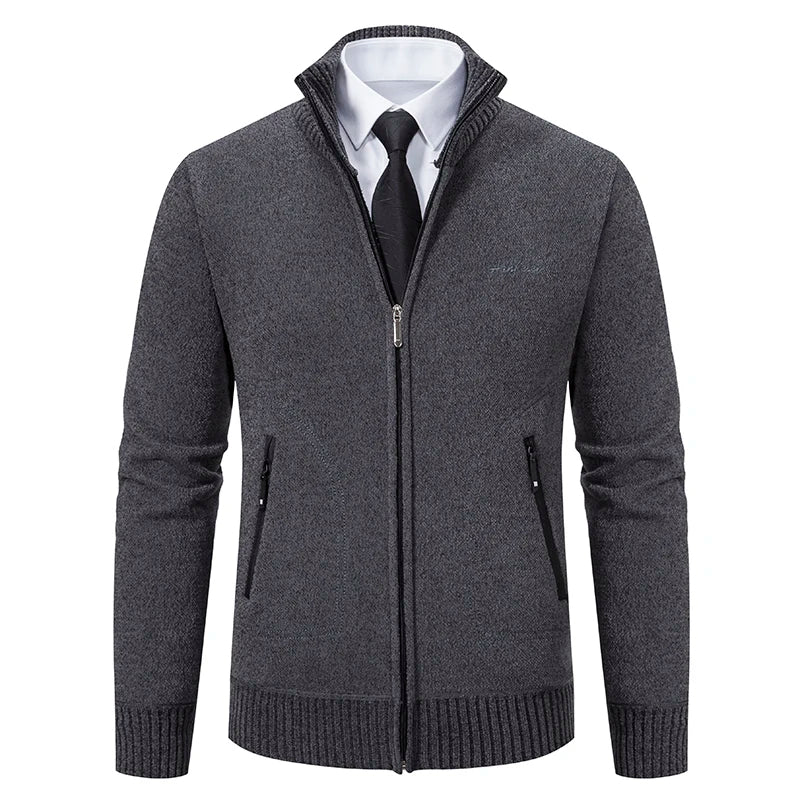 Men's dark grey knitted cardigan jacket displayed on a mannequin
