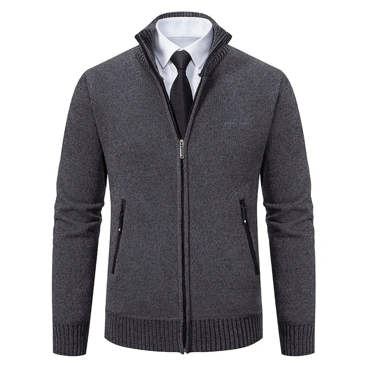 Men's dark grey knitted cardigan jacket displayed on a mannequin