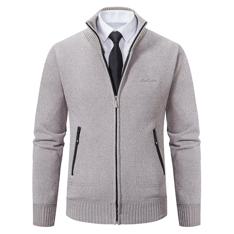 Mens knitted cardigan jacket with warm inner lining, full zip front