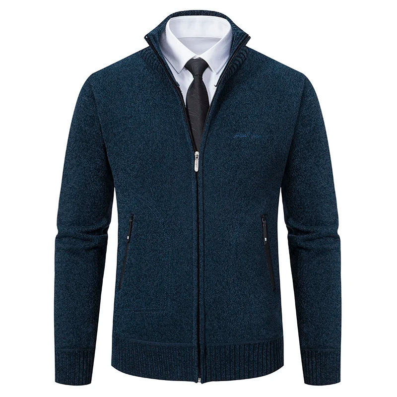 Close-up view of textured knit pattern on mens winter cardigan outerwear