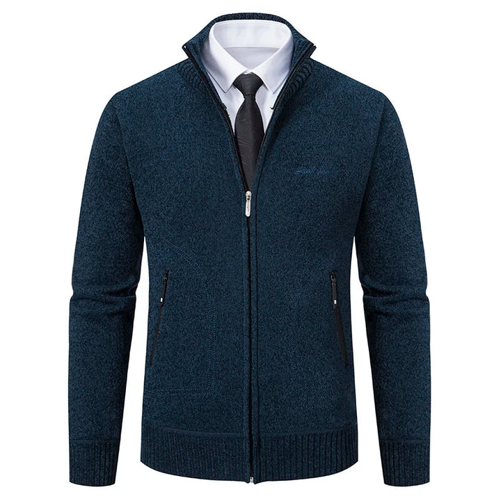 Close-up view of textured knit pattern on mens winter cardigan outerwear