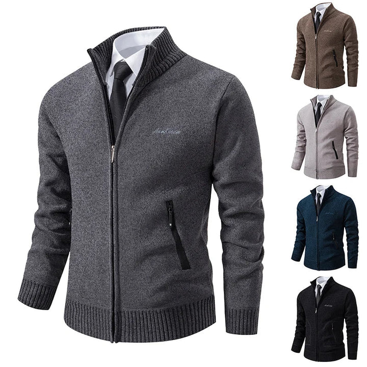Mens casual wear knitted sweater jacket featuring high collar design