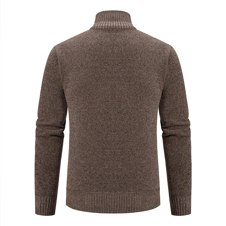 Side profile of full zip mens knitted cardigan jacket for cold weather