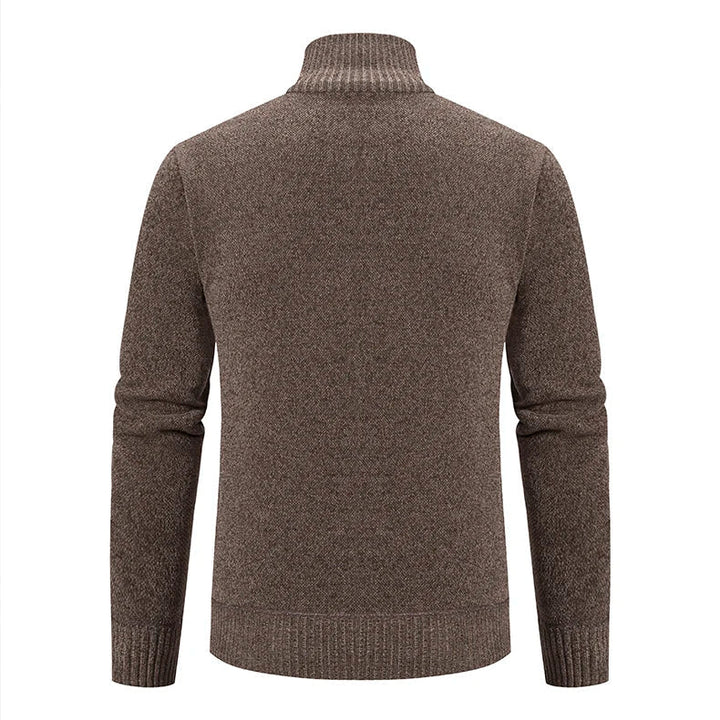Side profile of full zip mens knitted cardigan jacket for cold weather