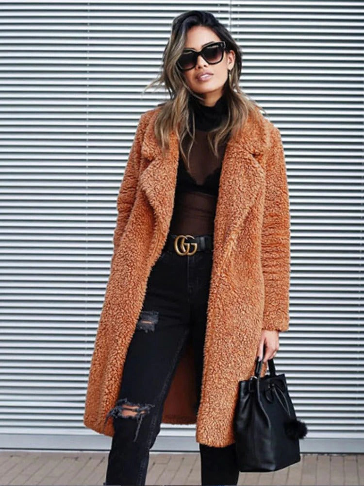 Pocket detail on warm winter plush teddy coat for women