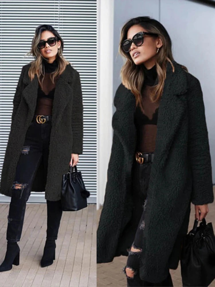 Apricot long fluffy teddy coat for women, casual winter outerwear