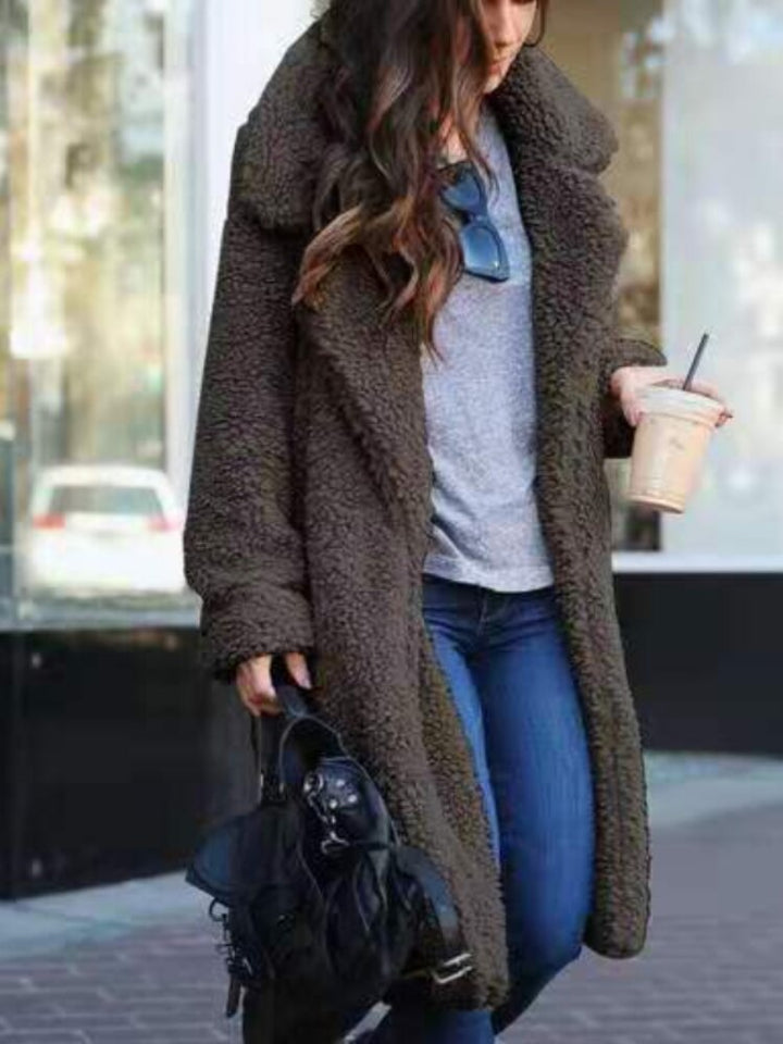 Black cozy teddy coat long jacket, stylish women's winter wear