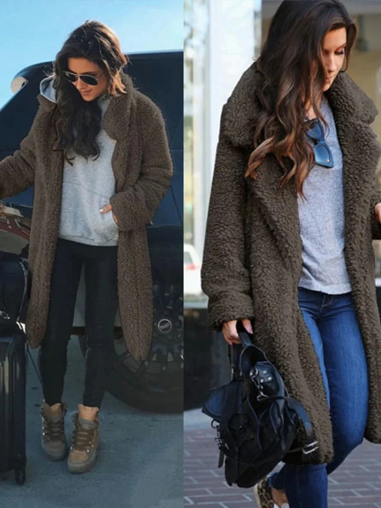 Camel colored plush long jacket, warm fuzzy teddy coat