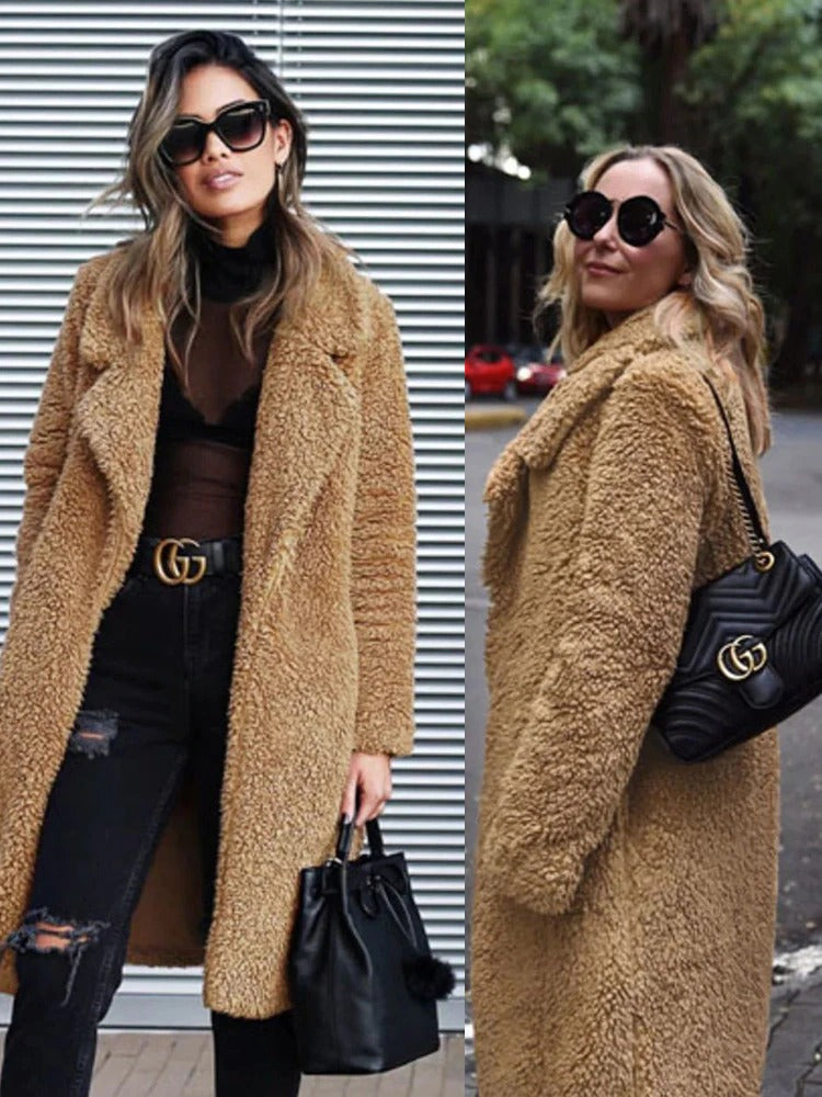 Side view of cozy fluffy teddy coat for women in apricot