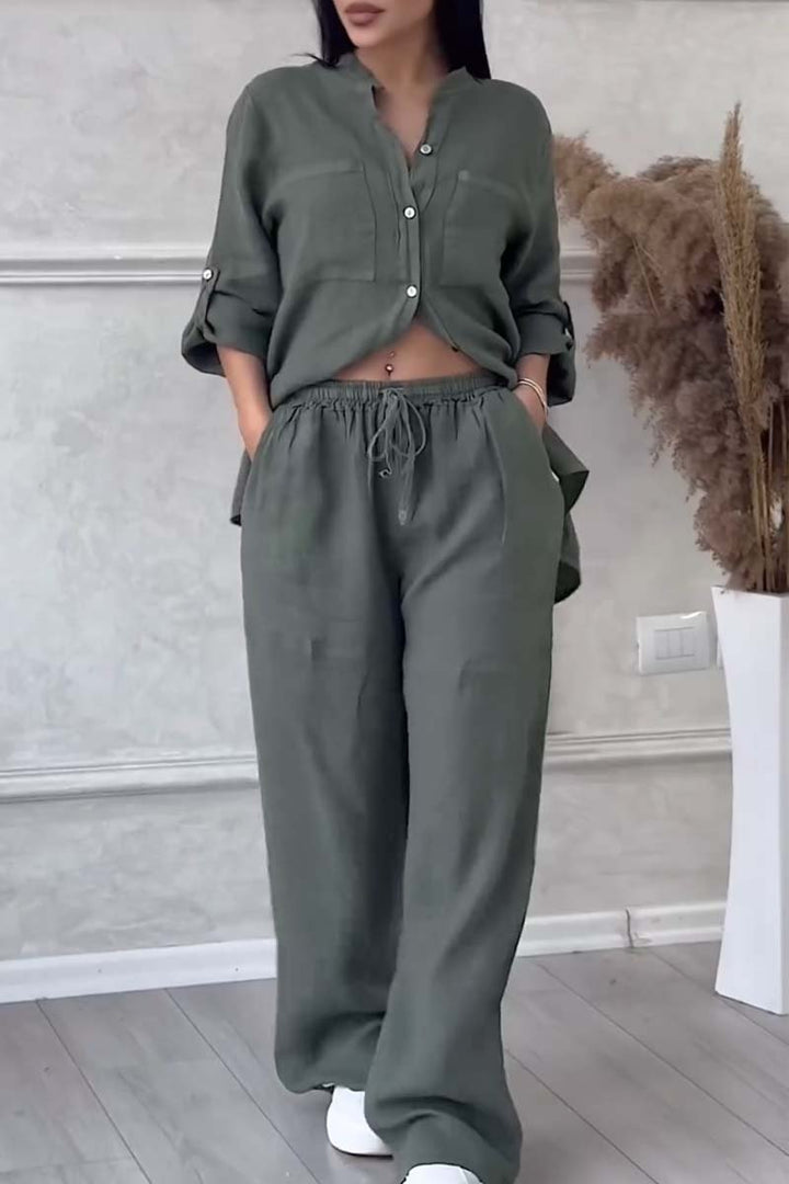 Stylish loungewear set with button-up blouse and comfortable trousers