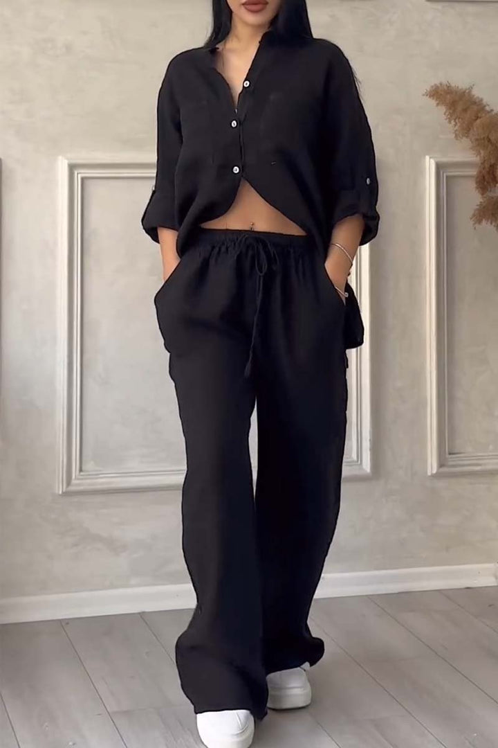 Chic casual wear ensemble with lightweight blouse and matching pants