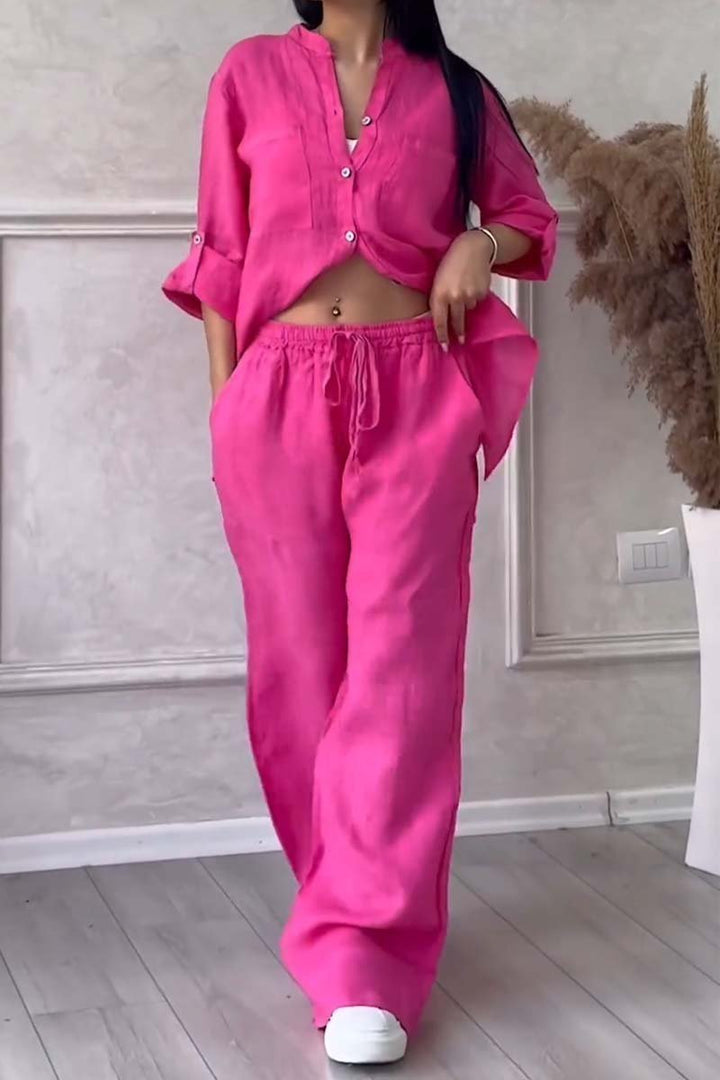 Casual linen two-piece set featuring a breathable blouse and wide-leg pants
