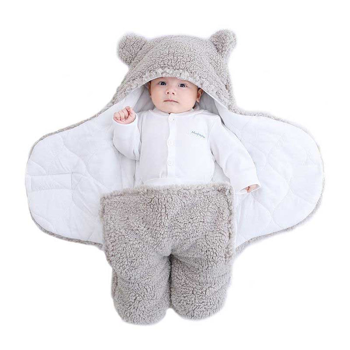 Newborn swaddle baby blanket with bear ears in soft grey fleece