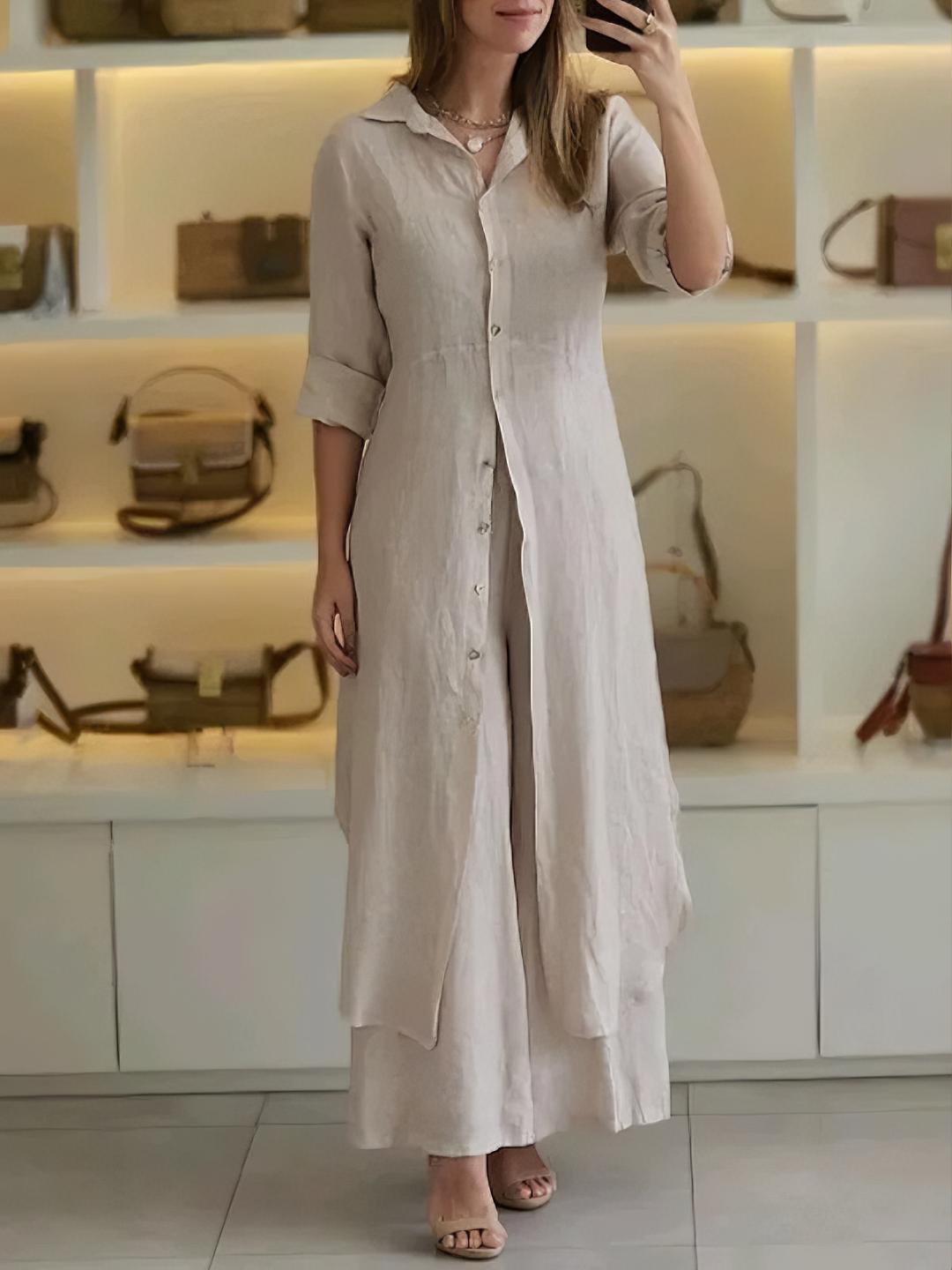Woman wearing the khaki button-up two-piece set Amaya