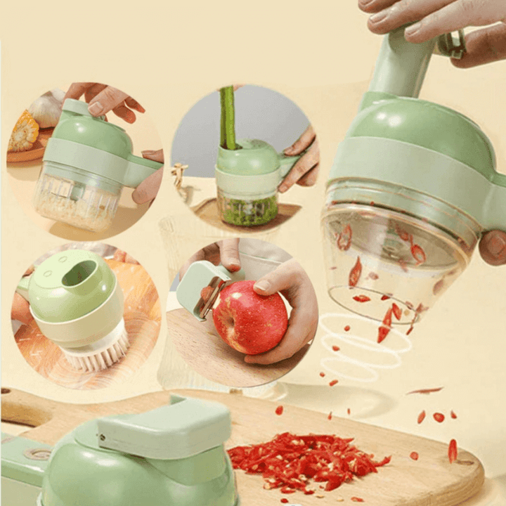 Close-up of the kitchen appliance showing slicing, chopping, peeling, and cleaning attachments