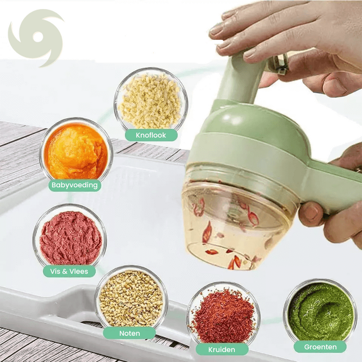 Demonstration of the 4-in-1 kitchen tool processing various foods like garlic and vegetables