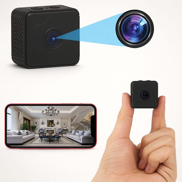Compact black mini security camera showing lens close-up and smartphone live stream view