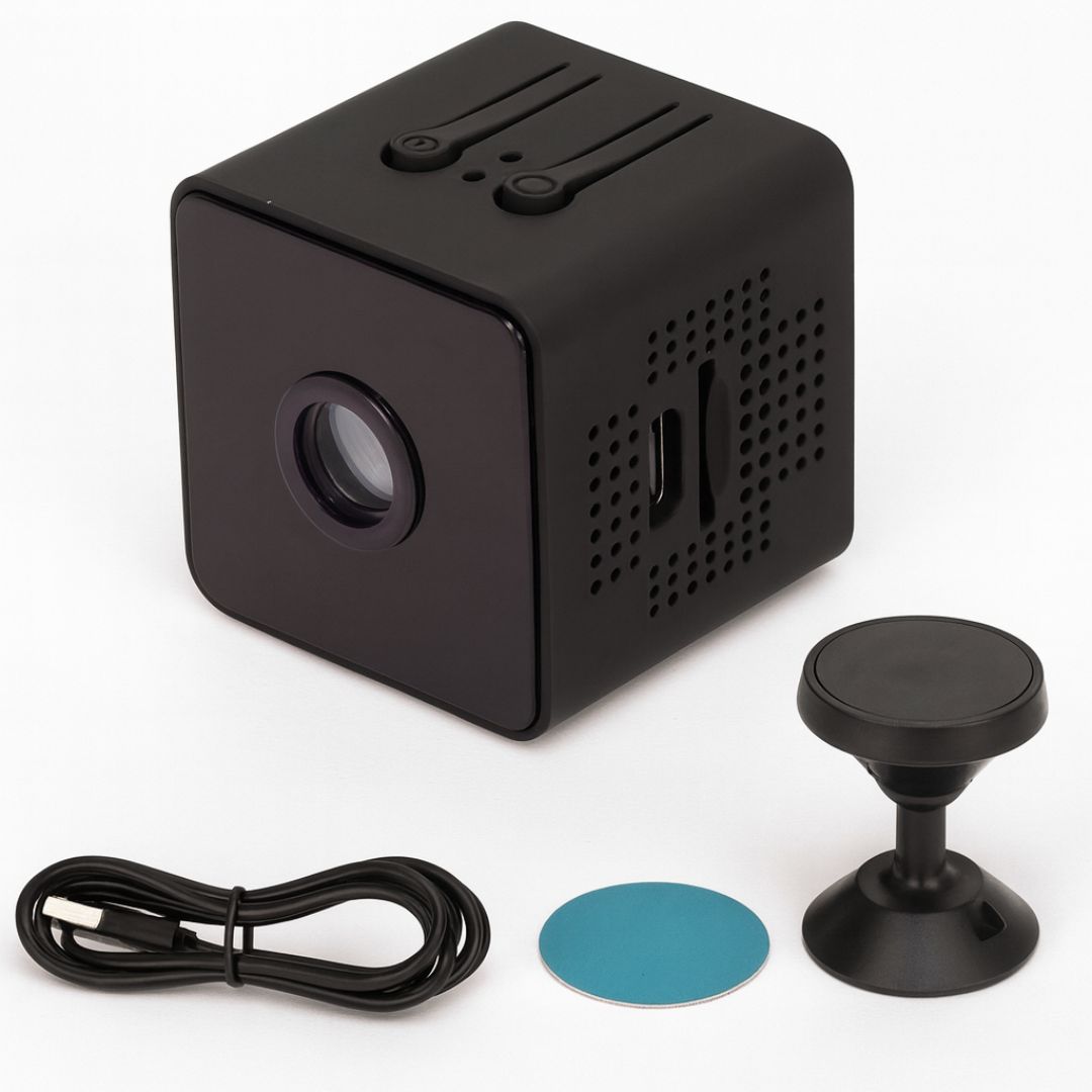 Mini wireless camera placed on an outdoor patio table for home surveillance