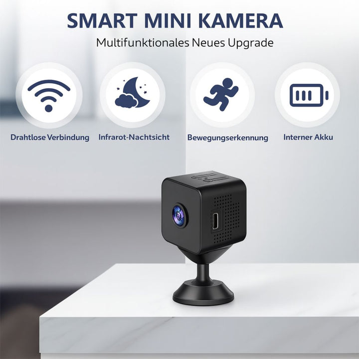 Smart mini surveillance camera on magnetic mount with key feature icons displayed