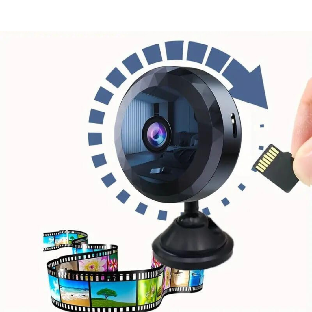 Compact HD WiFi security camera showing front lens and motion sensor