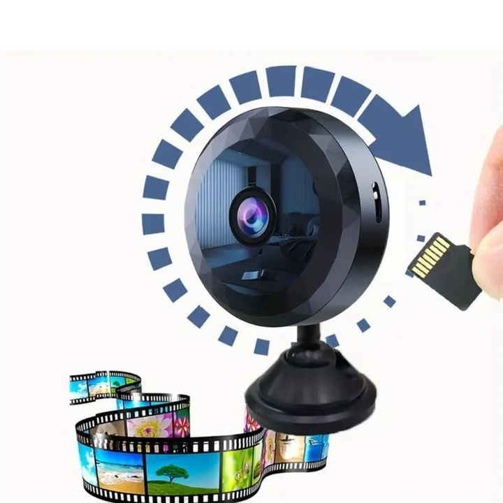 Compact HD WiFi security camera showing front lens and motion sensor