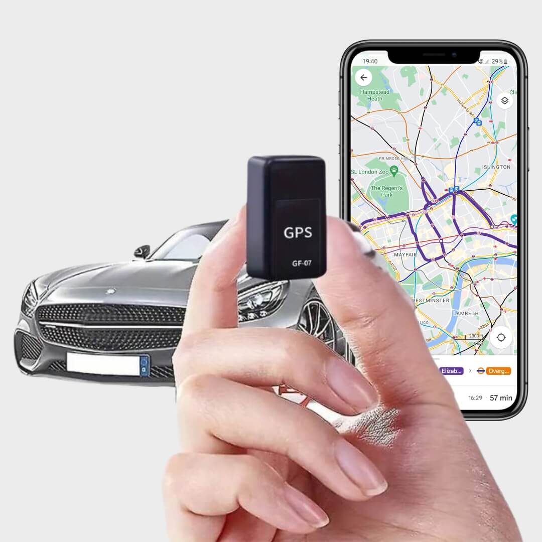 Compact magnetic GPS tracker held in hand displaying live map tracking on a smartphone screen next to a car