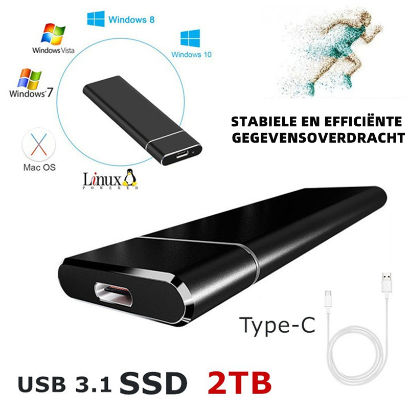 A black USB 3.1 portable SSD shown alongside operating system icons and a white connection cable.