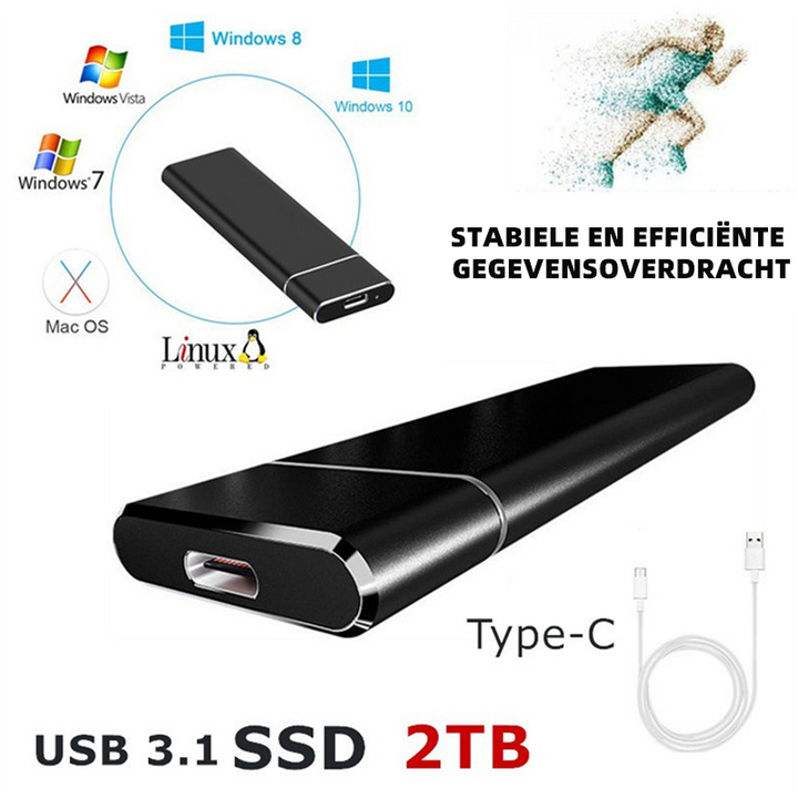 A black USB 3.1 portable SSD shown alongside operating system icons and a white connection cable.