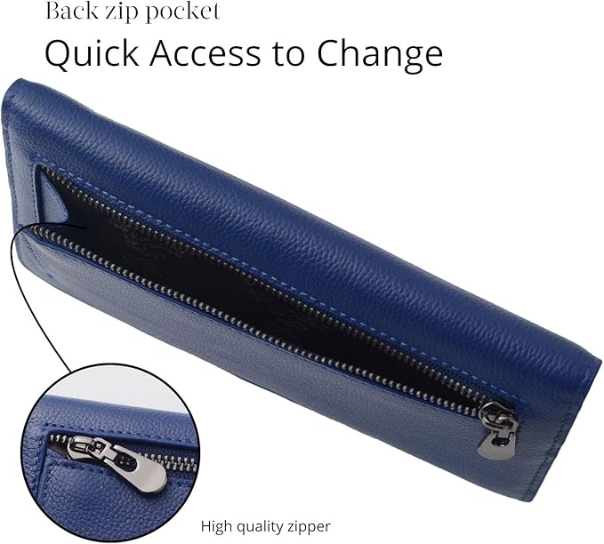 Angled view of blue card wallet featuring back zip pocket