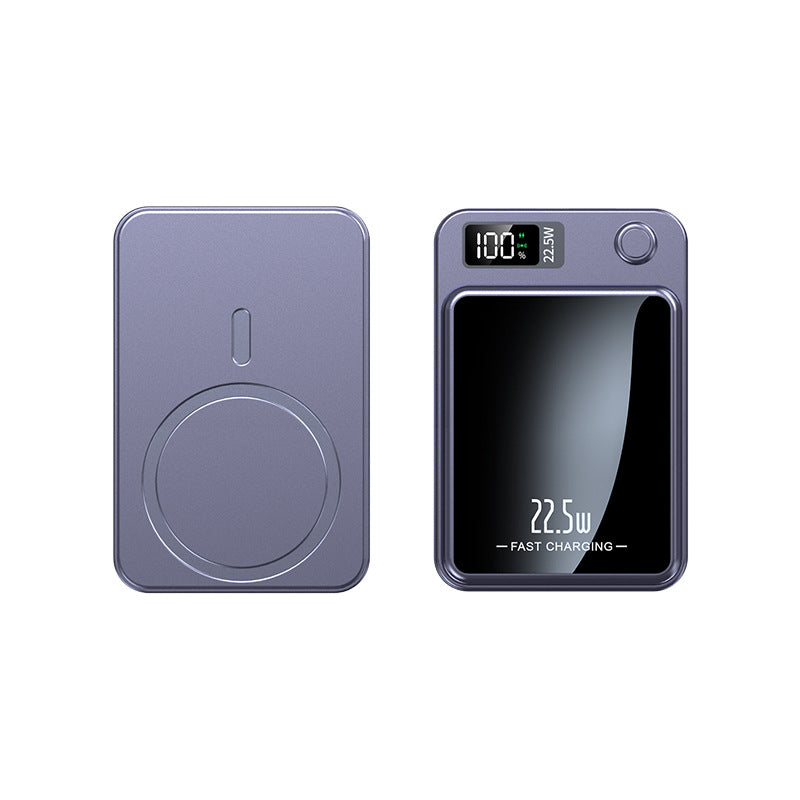 Purple power bank showing front wireless pad and digital LED display
