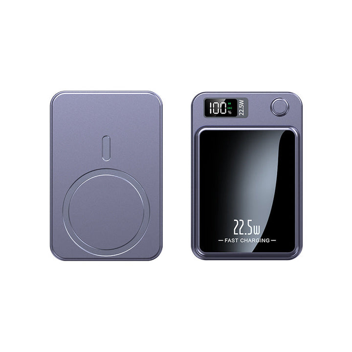 Purple power bank showing front wireless pad and digital LED display