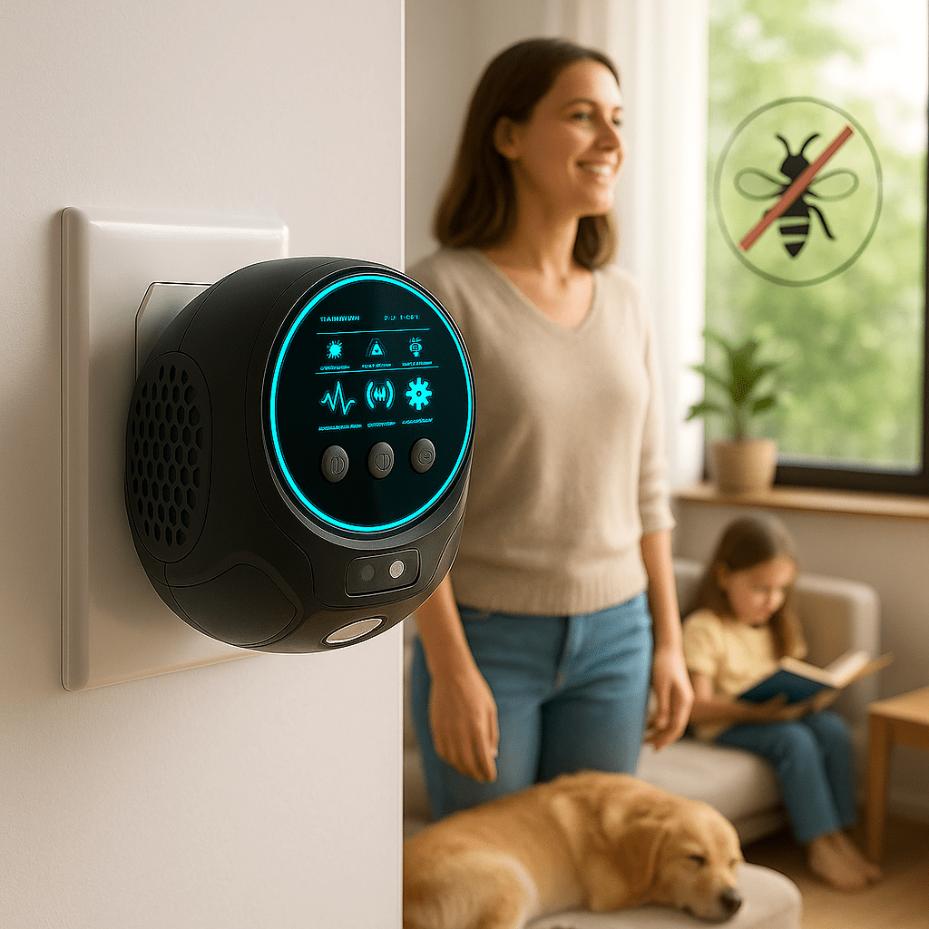 A woman smiling in a bright living room with the ultrasonic pest repellent plugged into the wall.