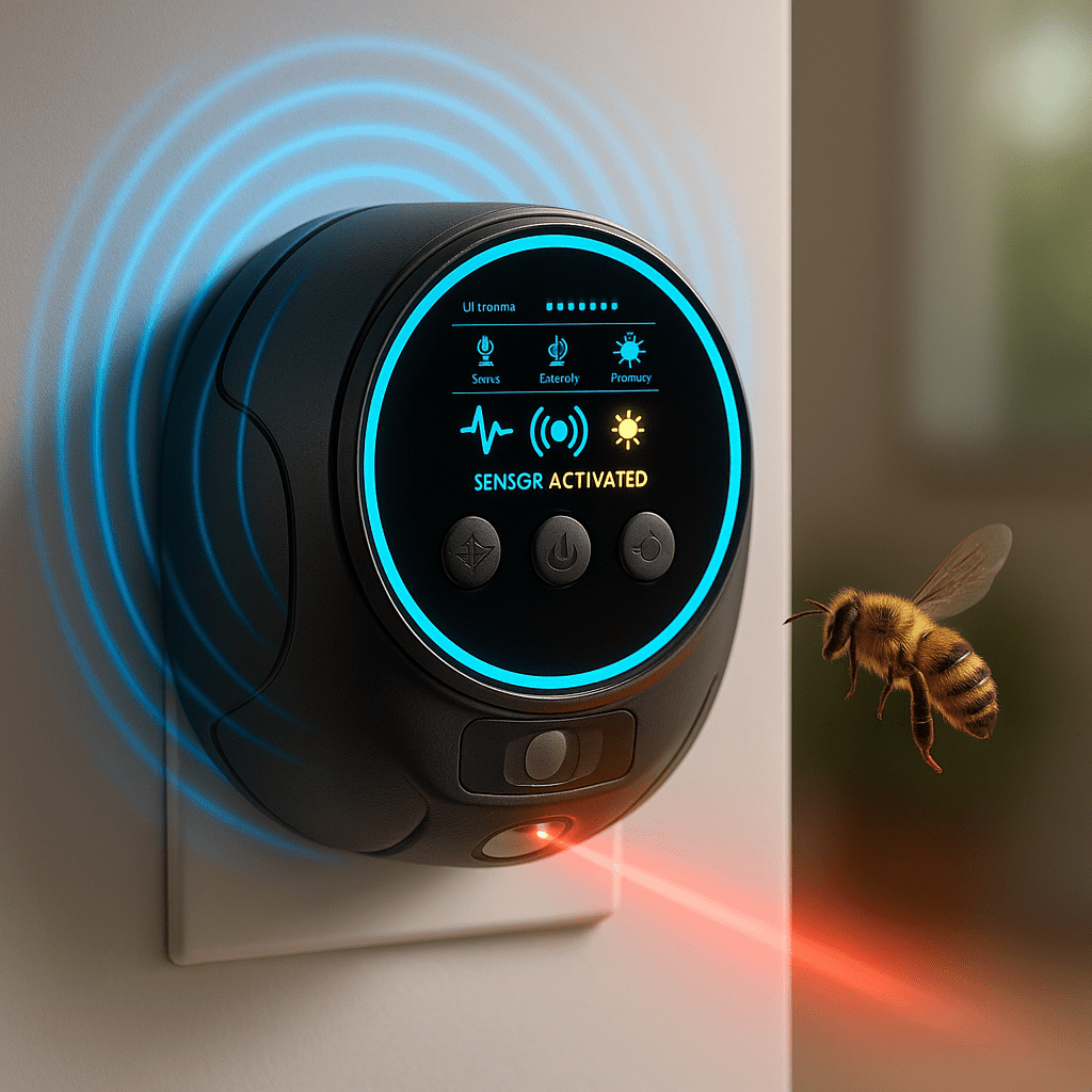 Close-up of the black ultrasonic bee and wasp repellent plugged into a wall emitting blue waves.