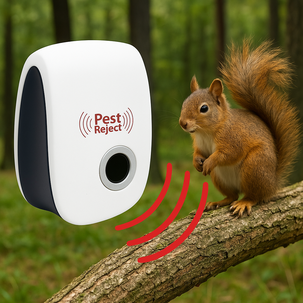 Ultrasonic squirrel repeller device operating in a green forest setting near a tree branch