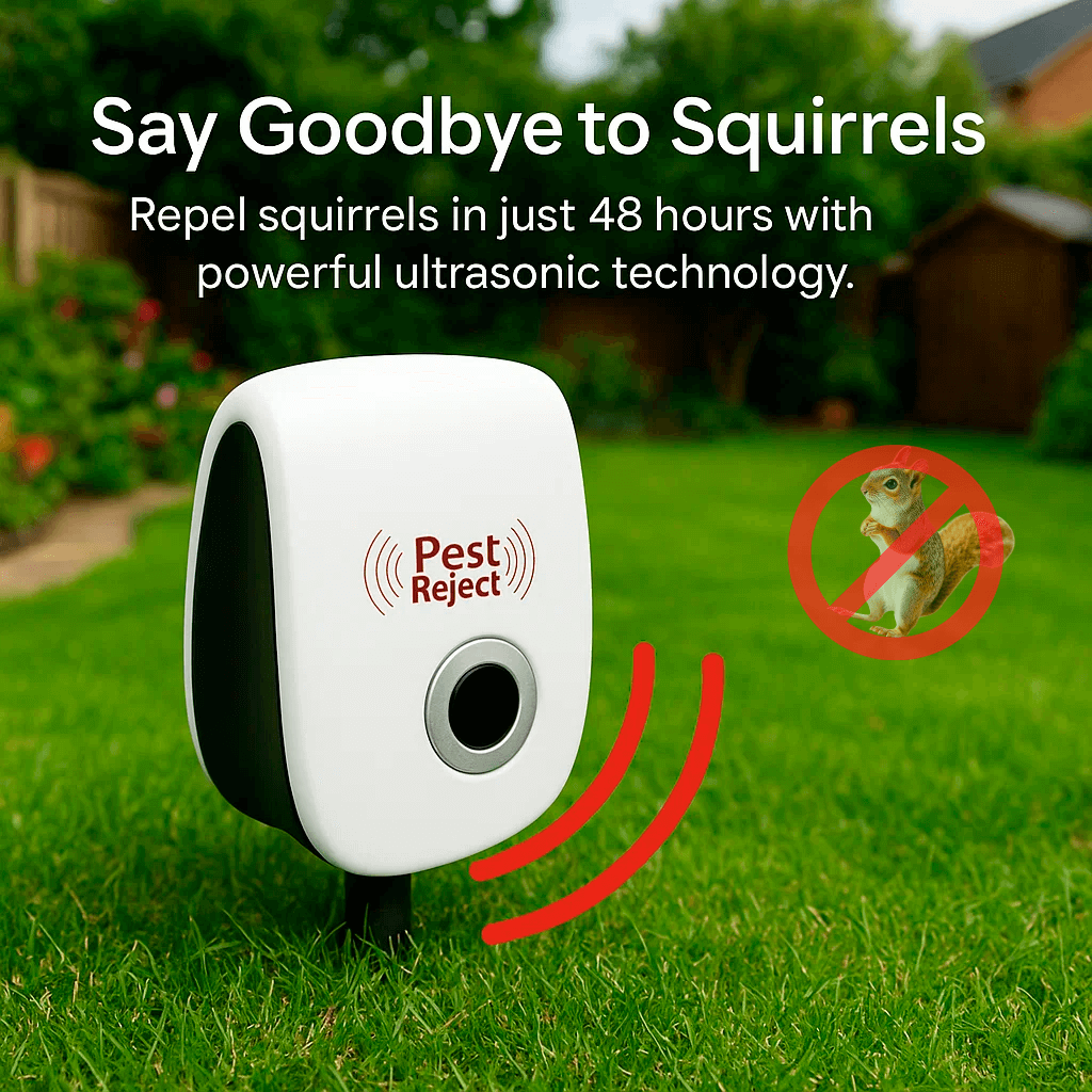 Compact white ultrasonic pest repeller installed on grass in a backyard garden