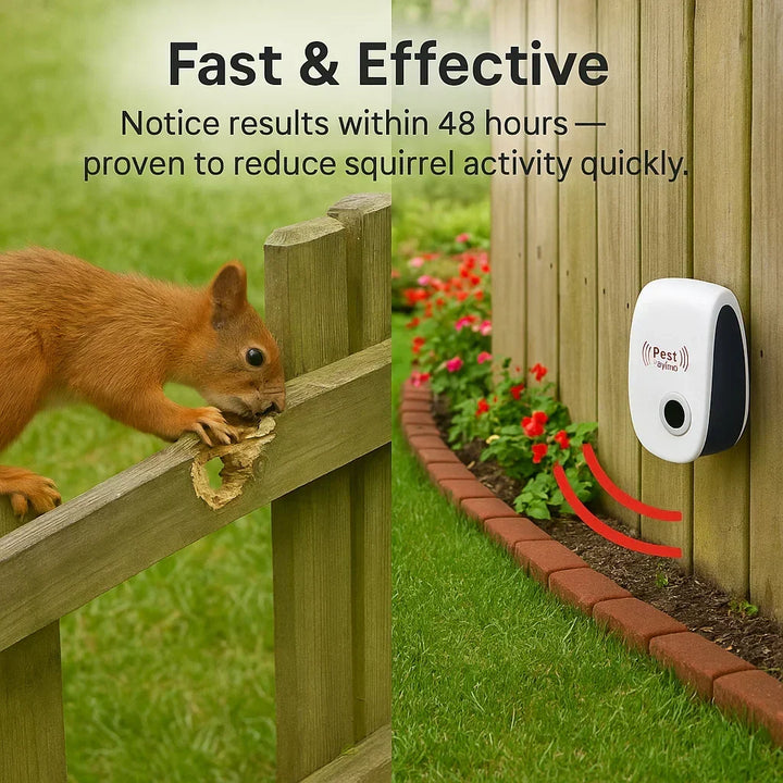 Outdoor ultrasonic squirrel deterrent mounted on a wooden fence next to a flower bed
