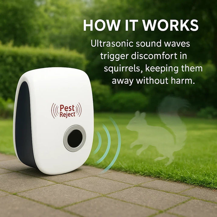 Ultrasonic squirrel repeller device installed in garden for effective pest control