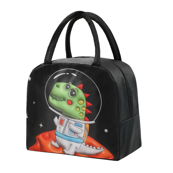 Black insulated lunch bag featuring a dinosaur space explorer graphic