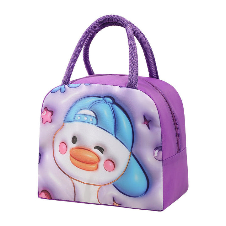 Flat lay of unicorn kids accessories including thermal lunch bag and bottle