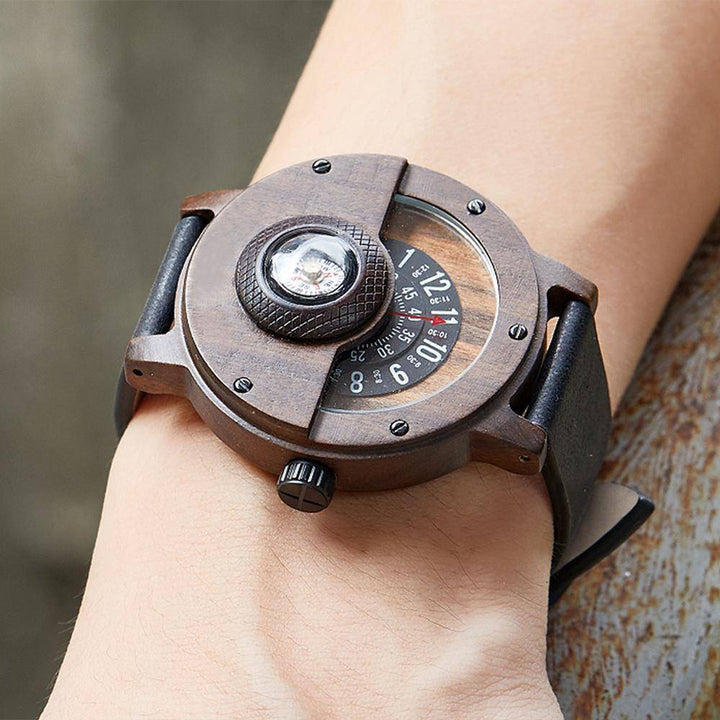 Unisex natural wood turntable compass watch side profile showing unique wooden grain and design