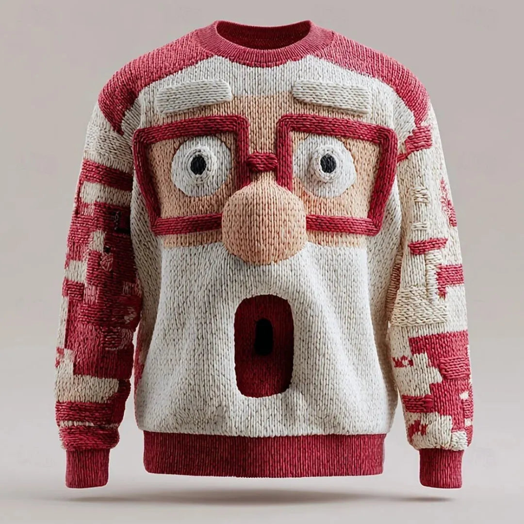 Unisex 3D Christmas sweater in Shock color variant featuring a surprised facial expression